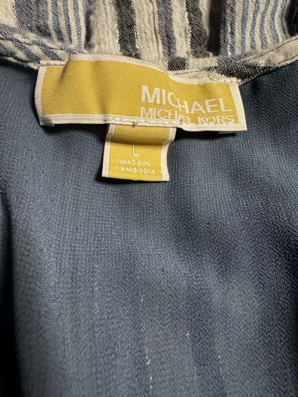 MICHAEL MICHAEL KORS Blue Smocked Ruffled Lined Striped Wrap Dress Large - Picture 9 of 13